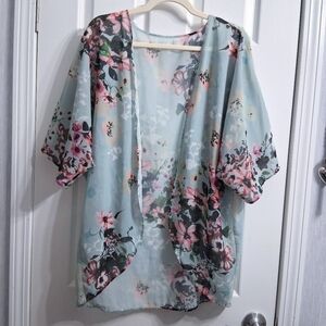 Floral Kimono Coverup Light Blue With Pink Flowers Botanical Boho Relaxed